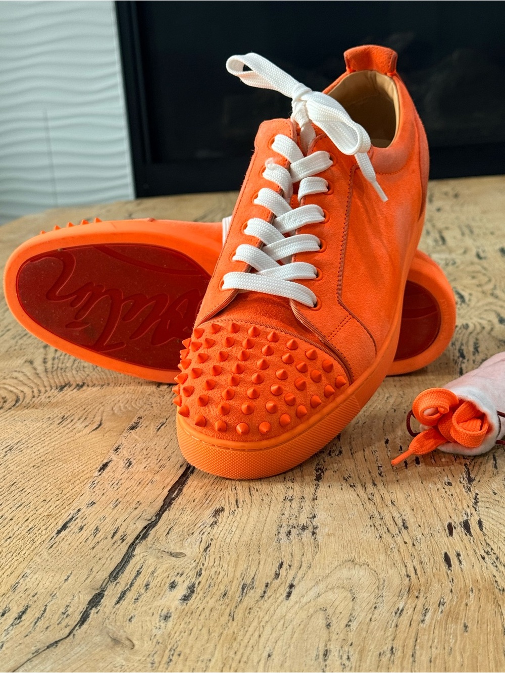 Christian Louboutin Orange Suede Spiked Low-Top Sneakers